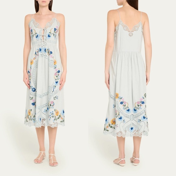 Sea NY Celia Embroidered Slip Dress Floral Cotton Linen Midi Size Large - Picture 12 of 16